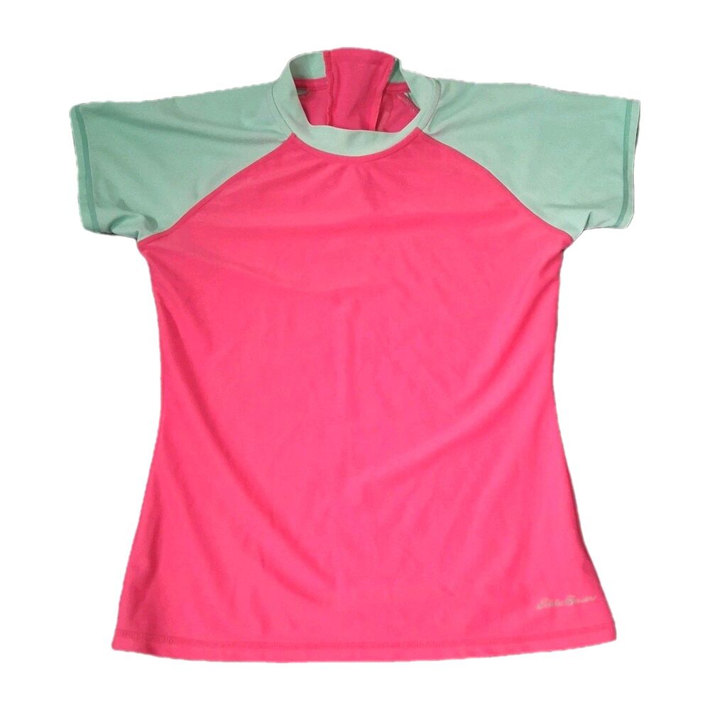 Eddie Bauer Kids Girls Rash Guard Swim Shirt Short Sleeve Pink Blue Size 14 Zips